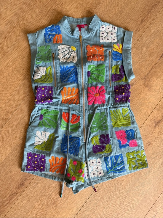 QUEEN OF SPARKLES Pants - NWT Embroidered Floral Denim Romper - Multicolor Flowers